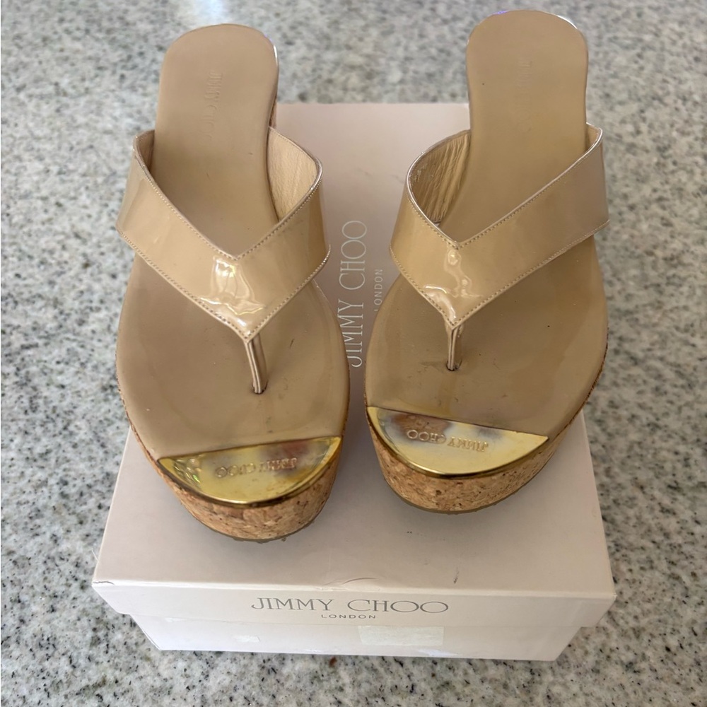 Jimmy Choo Platform Wedge Cork Thong Sandal Nude Poudre size 37